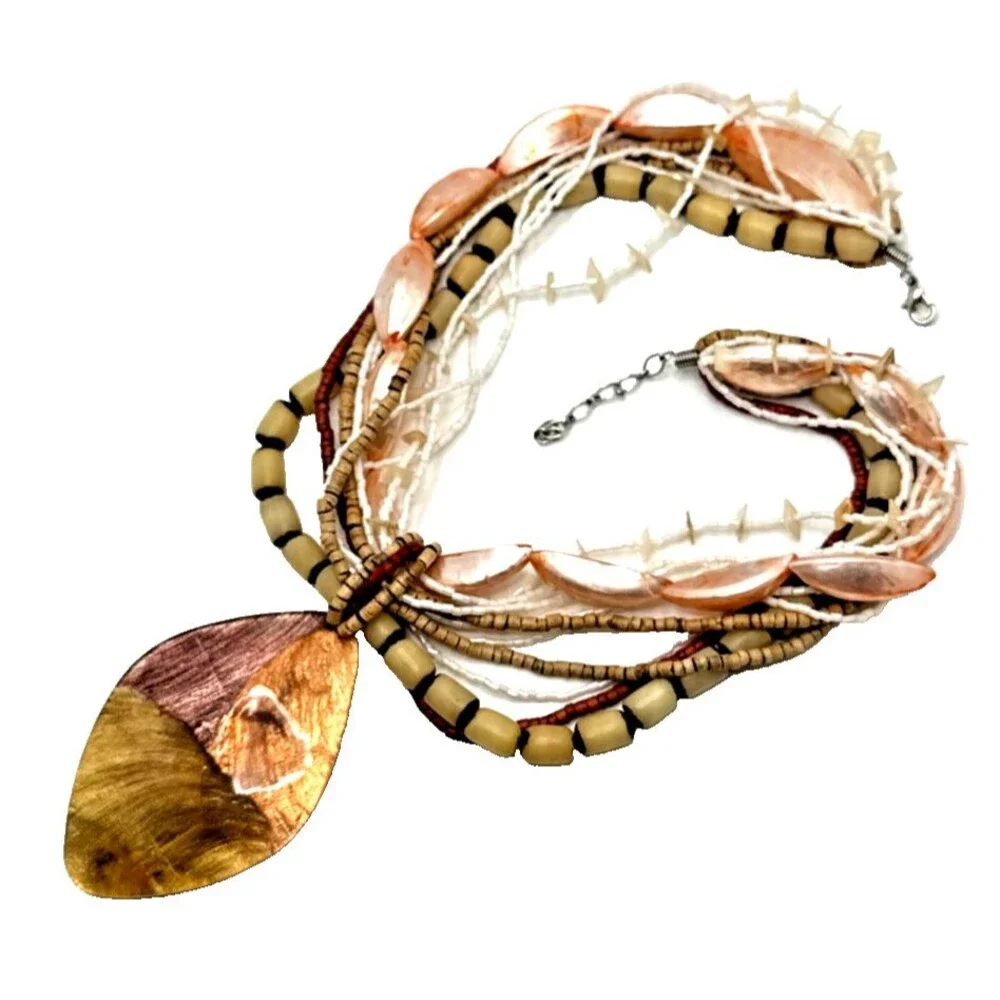 Boho Multi Strand Statement Necklace Pink Shell Beads Wood Tribal Pendant 18-20